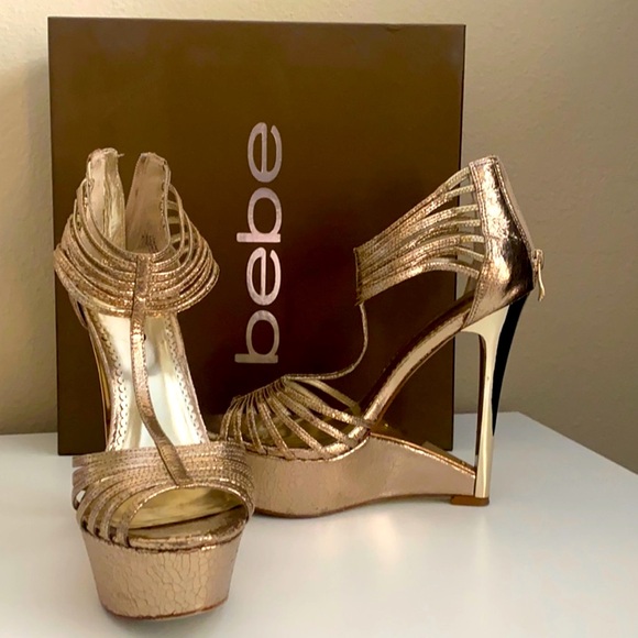 bebe Shoes - Bebe “DOMONIQUE” Metallic Gold Platform cut out wedges